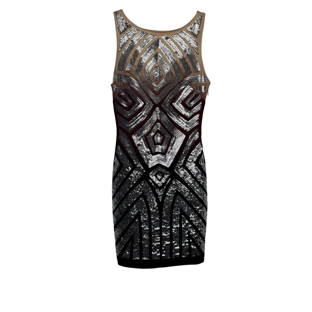 Bebe XXS Bodycon Brown Ombré Dress Geometric Silver Sequence Pattern Back CutOut